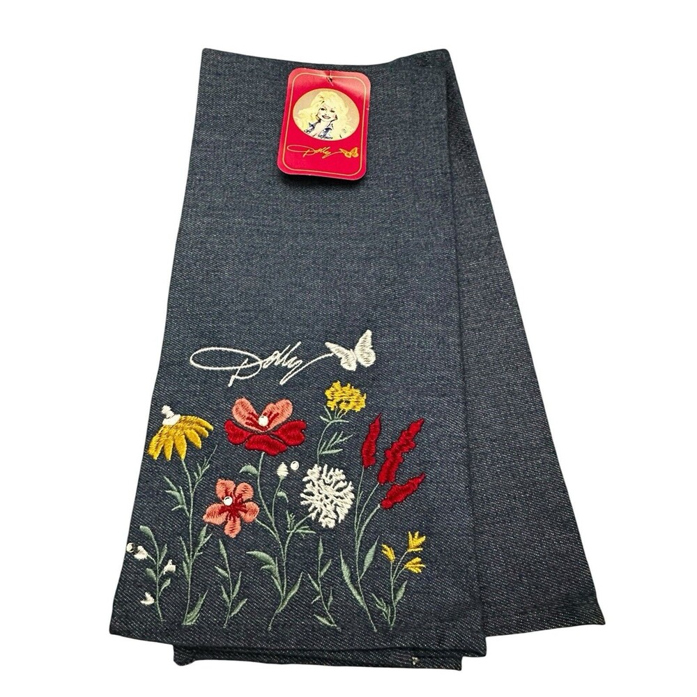 Dolly Parton 2 Pack Embroidered Denim Kitchen Towels Flowers Butterflies NWT